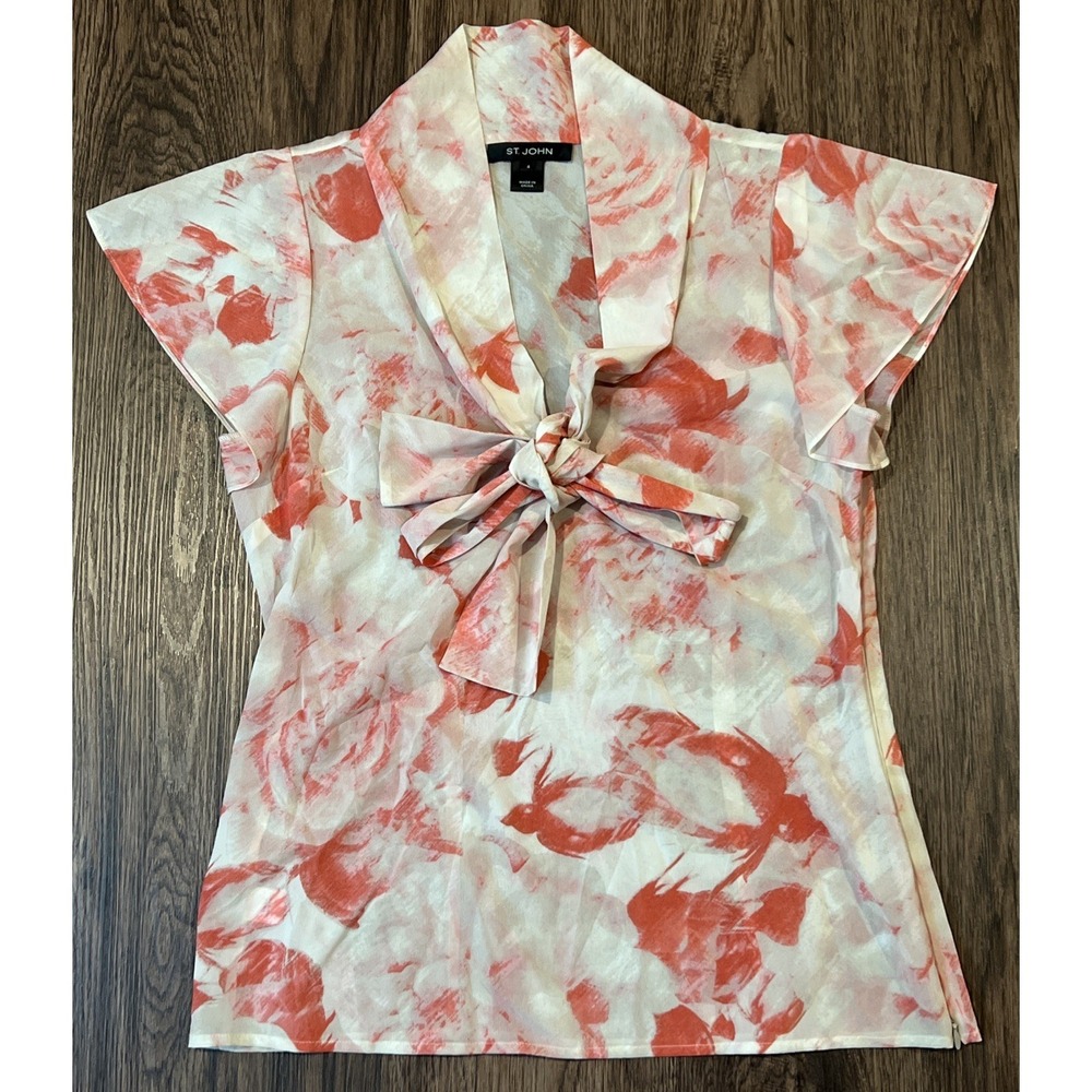 St. John Silk Spandex Blend Neck Tie Floral Sheer Blouse Size 4